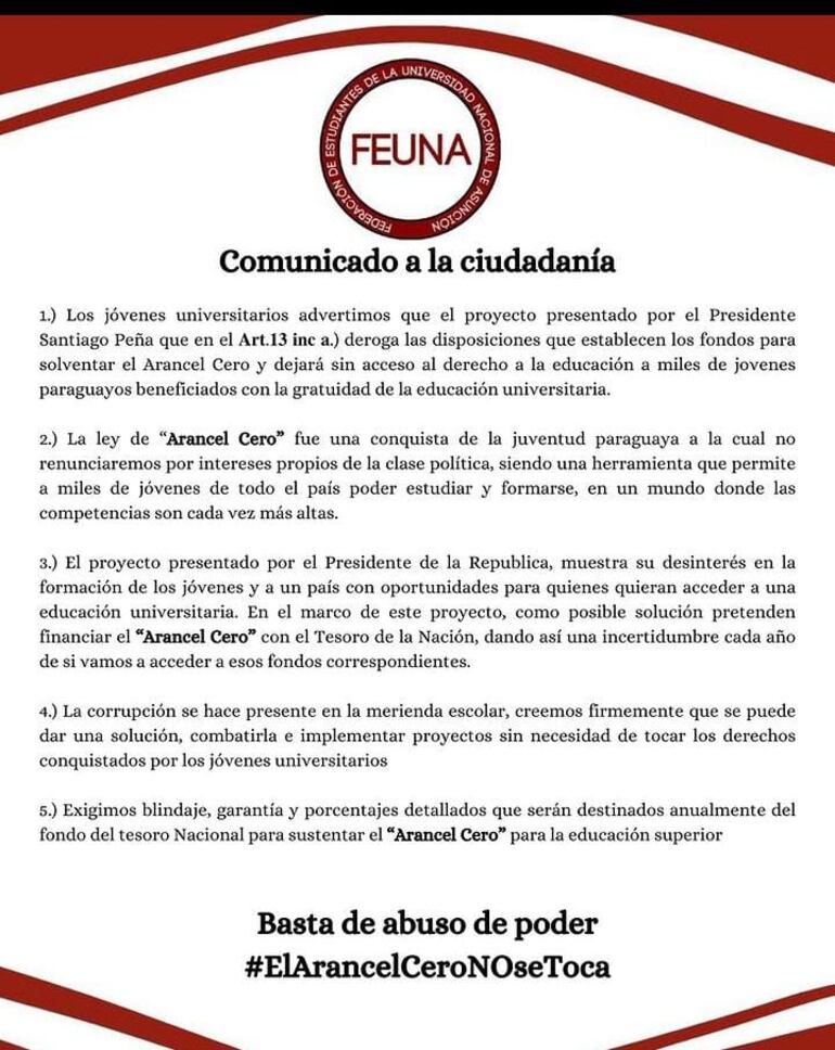 Comunicado de la FEUNA sobre el Arancel Cero y el proyecto "Hambre cero"