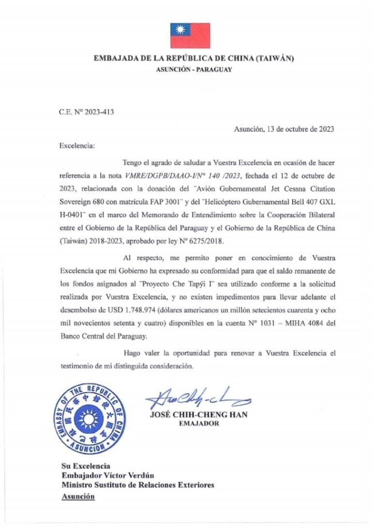 Respuesta de Taiwán al pedido del Gobierno paraguayo de utilizar fondos de viviendas para reparación de aeronaves presidenciales.