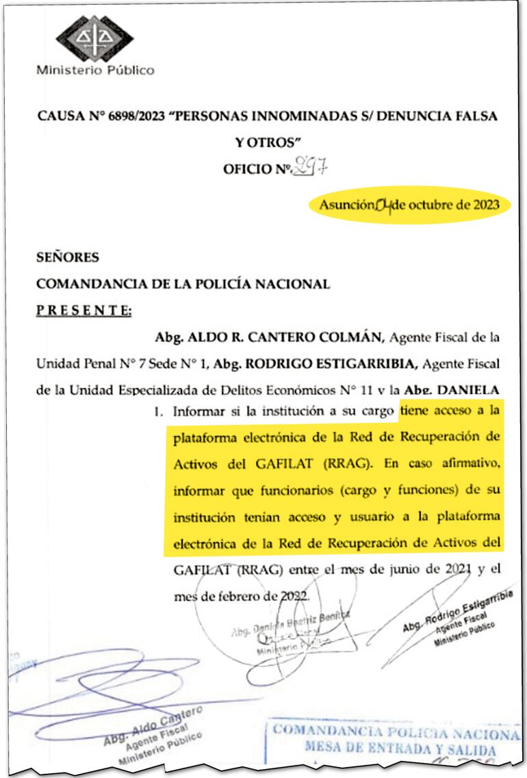 Oficio que remitió el fiscal Cantero luego de tomar la declaración a López  y dos días antes de indagar al excomandante  Luis Arias.