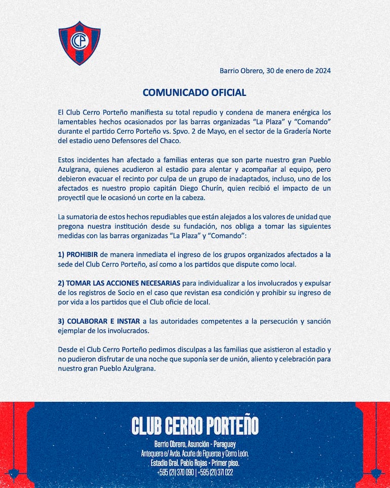 El comunicado de Cerro Porteño después de la suspensión del partido vs. 2 de Mayo por la batalla campal de los barras.