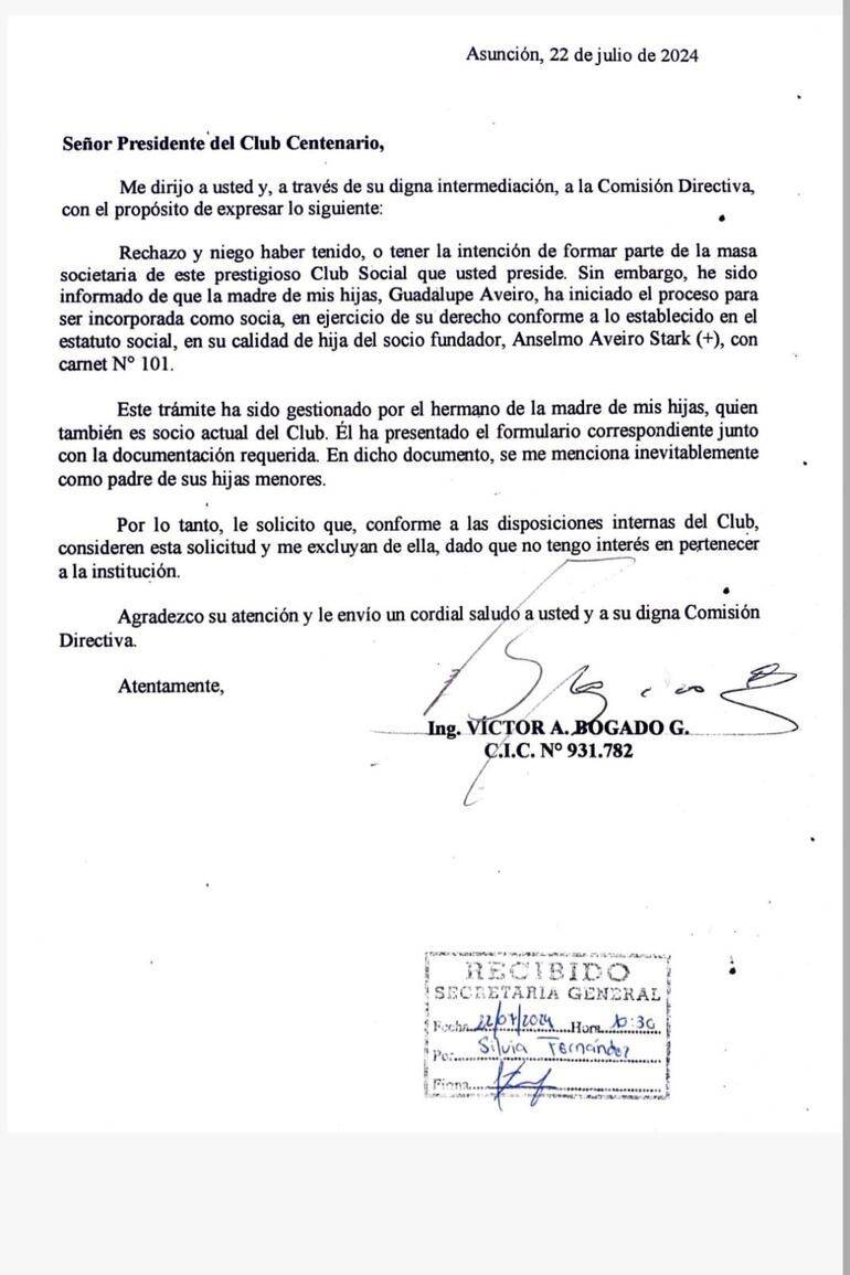 La carta de Víctor Bogado en la cual informa a la comisión directiva del Club Centenario que no tiene interés en su membresía, pero indica que Guadalupe Aveiro sí tiene derecho a ser socia.