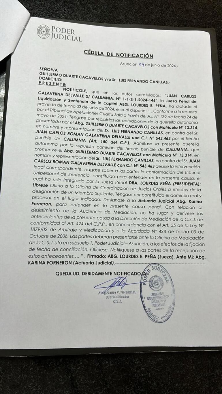 Cédula de notificación de la admisión de la querella de Luis Canillas contra Juan Carlos Calé Galaverna.