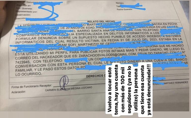 La denuncia presentada ante la Policía Nacional en contra de Osvaldo Zaracho.