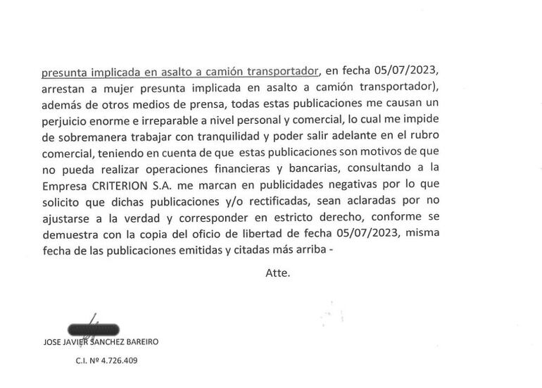 carta de Jose javier sanchez bareiro