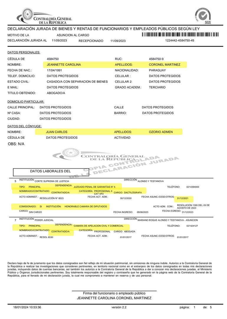 Declaración Jurada de Jeannette Coronel.