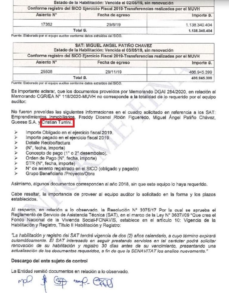 Facsímil de parte del informe N° 626/2020 de Contraloría en la que observa las transferencias irregulares a SAT inhabilitadas. En este documento se observa que el MUVH, bajo la administración de Dany Durand, no realizó una réplica al respecto.