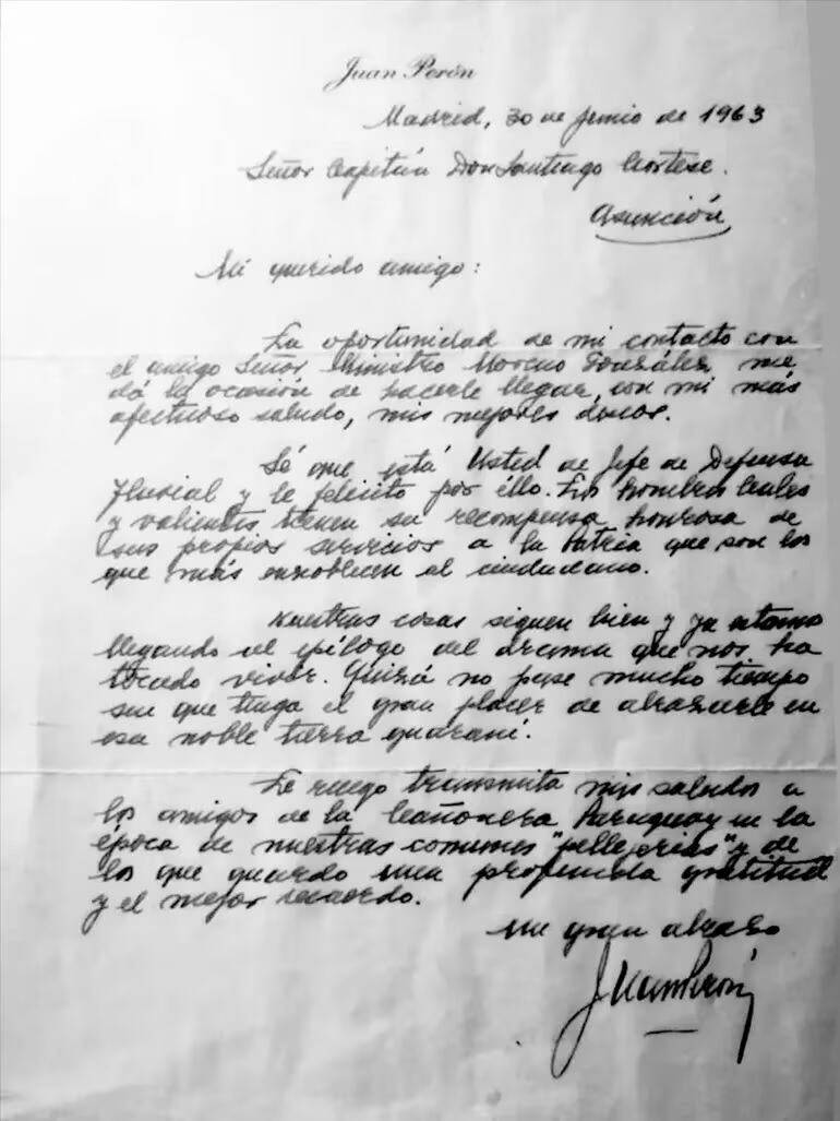 Carta de puño y letra de Juan Domingo Perón enviada en 1963 en agradecimiento al Cap. Santiago Cortese por la asistencia en su refugio en el cañonero Paraguay