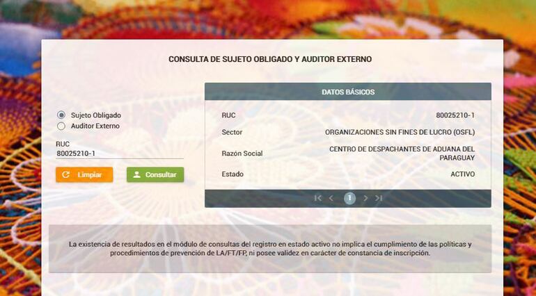 Consulta realizada en el portal web de Seprelad sobre el Centro de Despachantes de Aduanas del Paraguay.