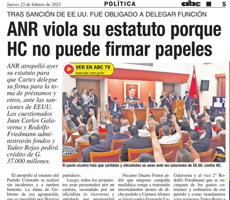 La ANR violó su estatuto para que Horacio Cartes delegue la administración financiera del partido para pedir créditos bancarios con miras a las elecciones generales.