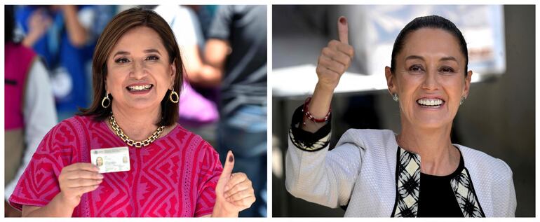 Las presidenciables, Xóchitl Gálvez (i) y Claudia Sheinbaum, después de emitir sus votos hoy en las históricas elecciones de México.  