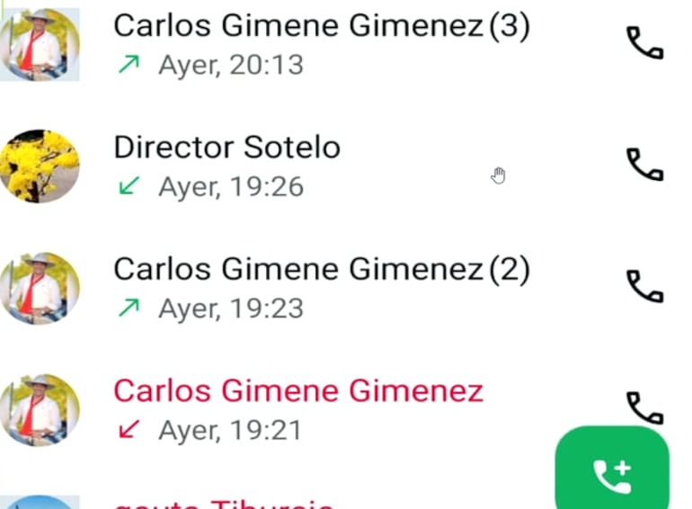 Capturas de pantalla de llamadas del ministro de Agricultura, Carlos Giménez, al presidente de Asociación de Productores Frutihortícolas de Caaguazú, Lucio Gómez, quien lo denunció por amenazas.