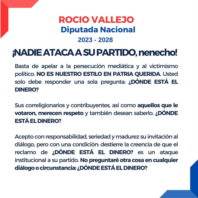 Comunicado de Rocío Vallejo, dirigido al intendente Óscar Nenecho Rodríguez.