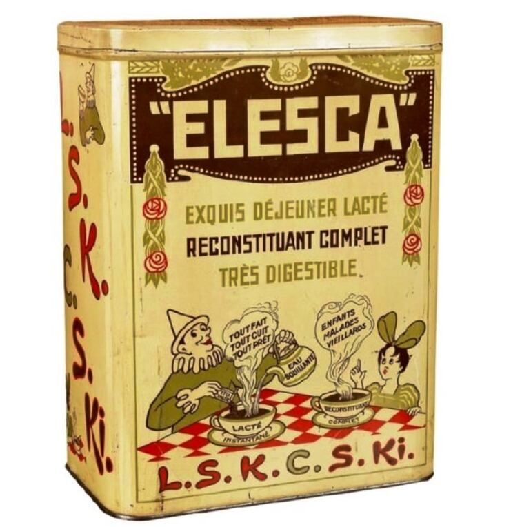 Lata de cacao Elesca con dibujo y slogan de Sacha Guitry, circa 1915