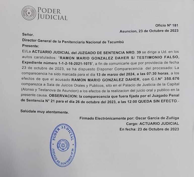 Notificación de la reprogramación del juicio contra Ramón González Daher.