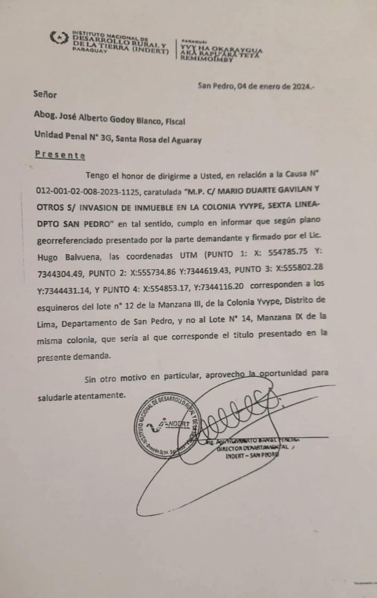 Informe del Indert, que aclara que las coordenadas detalladas en el título presentado por el denunciante Rogério Aparecida de Oliveira corresponden a un lote distinto al que el extranjero señala como suyo.