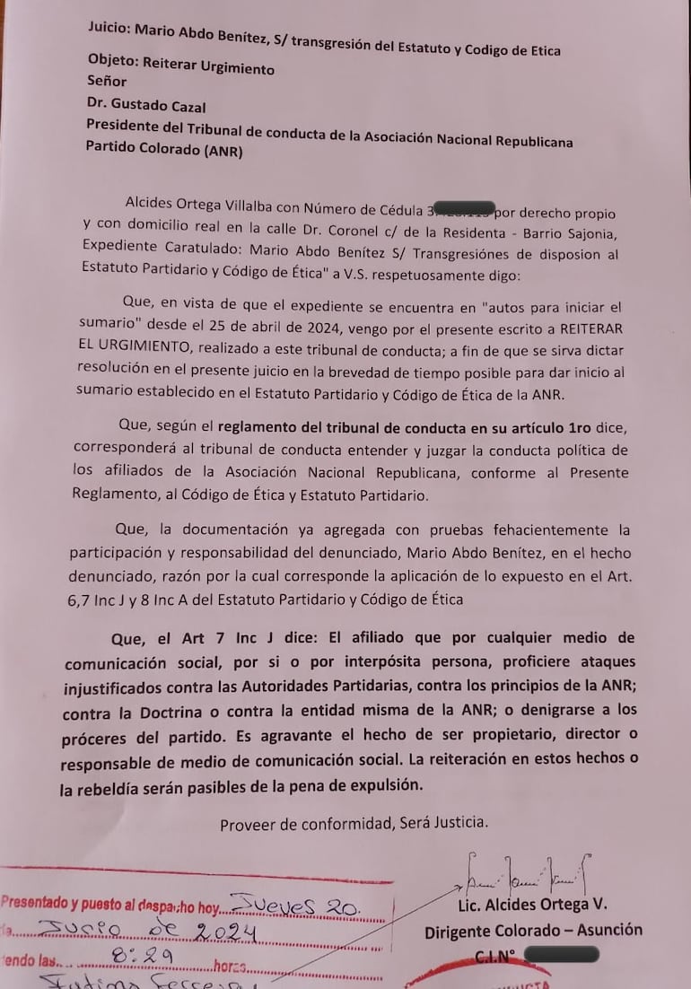 Segundo pedido de urgimiento para la expulsión de Mario Abdo Benítez de la ANR presentado por Alcides Ortega.