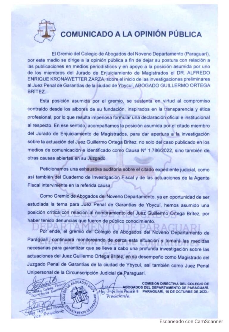 Comunicado emitido por el Colegio de Abogados del Noveno Departamento de Paraguarí.