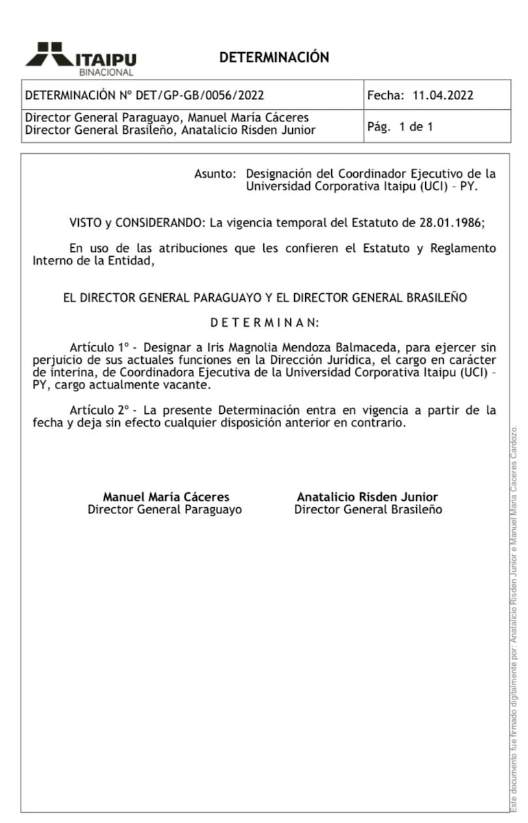 Documento donde designan a Iris Mendoza como Coordinadora Ejecutiva interina, de la Universidad Corporativa de Itaipu. (gentileza).