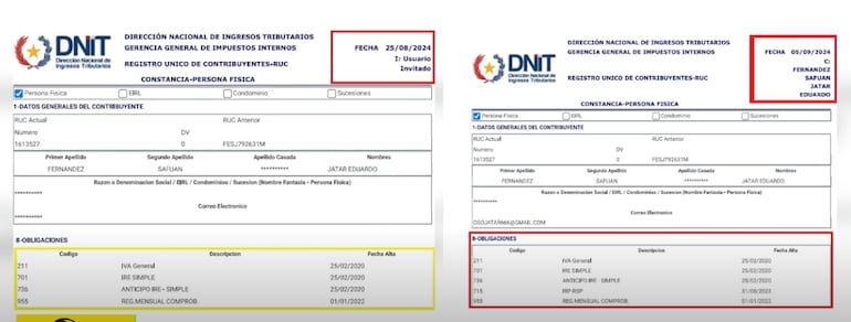 La comparación entre las constancias de RUC del diputado Jatar "Oso" Fernández. A la izquierda, del 28 de agosto pasado, no se evidencia el IRP entre sus "obligaciones", mientras que en la de la derecha, con fecha del 5 de septiembre pasado, ya se incluye dicho impuesto entre sus "obligaciones".