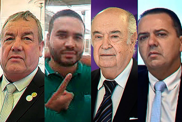 Cuatro de los cinco imputados: Eulalio “Lalo” Gomes Batista (67), fallecido en el procedimiento; su hijo Alexandre Rodrigues Gomes (37); Luis María Zubizarreta Zaputovich (84) y John Gerald Matthias Gaona (51).