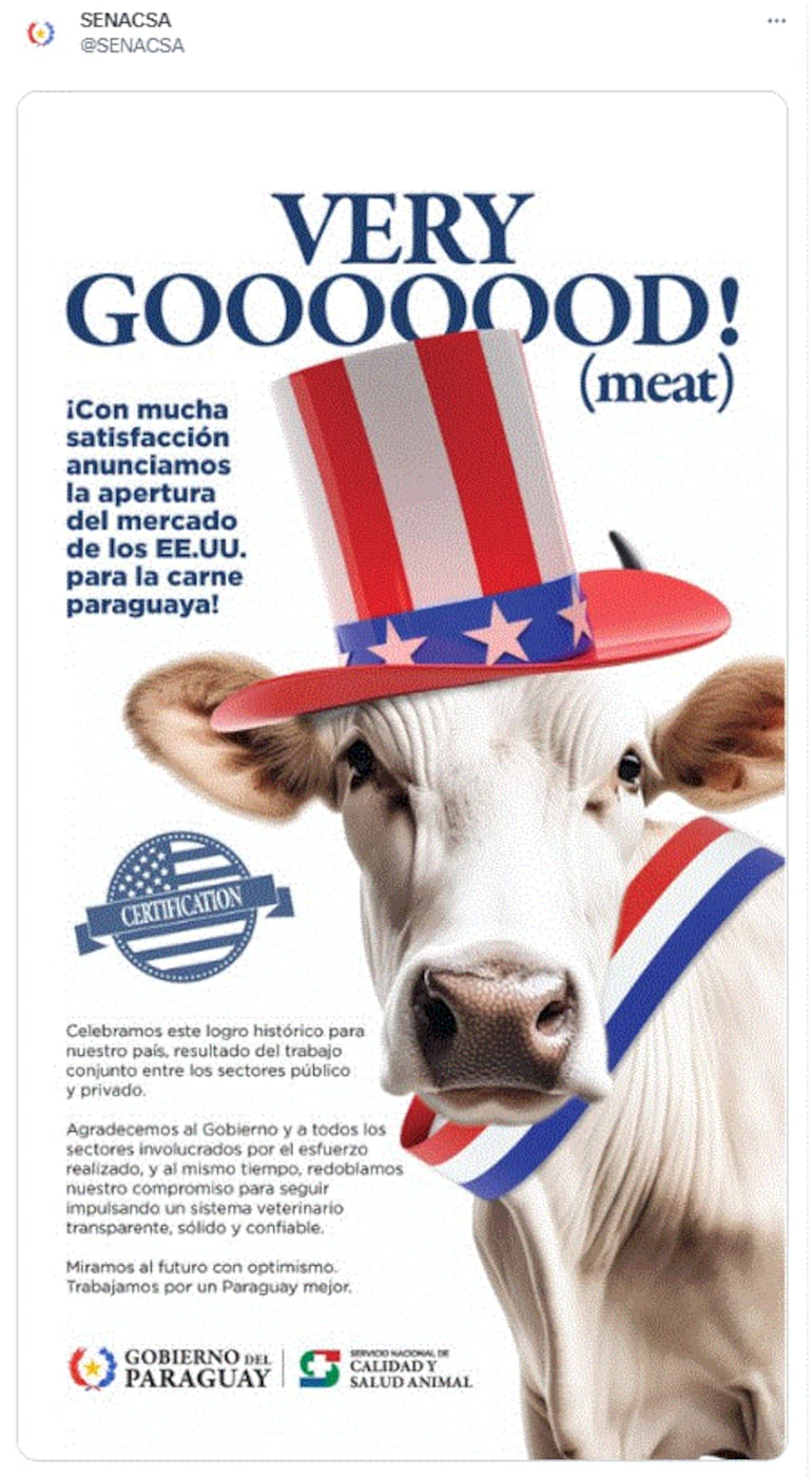 El Servicio Nacional de Calidad y Salud Animal celebró la apertura del mercado de los EE.UU. para la carne paraguaya.