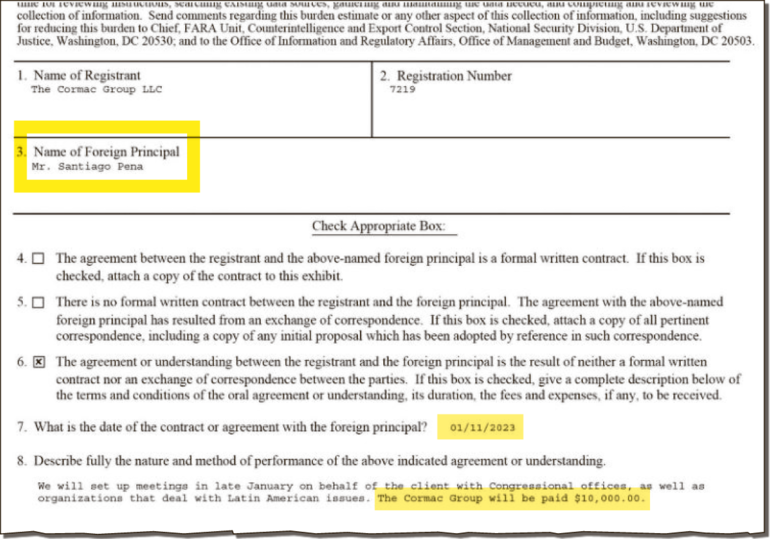 Formulario publicado por el Departamento de Justicia de EE.UU. sobre la contratación de una empresa de cabildeo el 11 de enero de 2023. Se menciona   el pago de US$ 10.000.