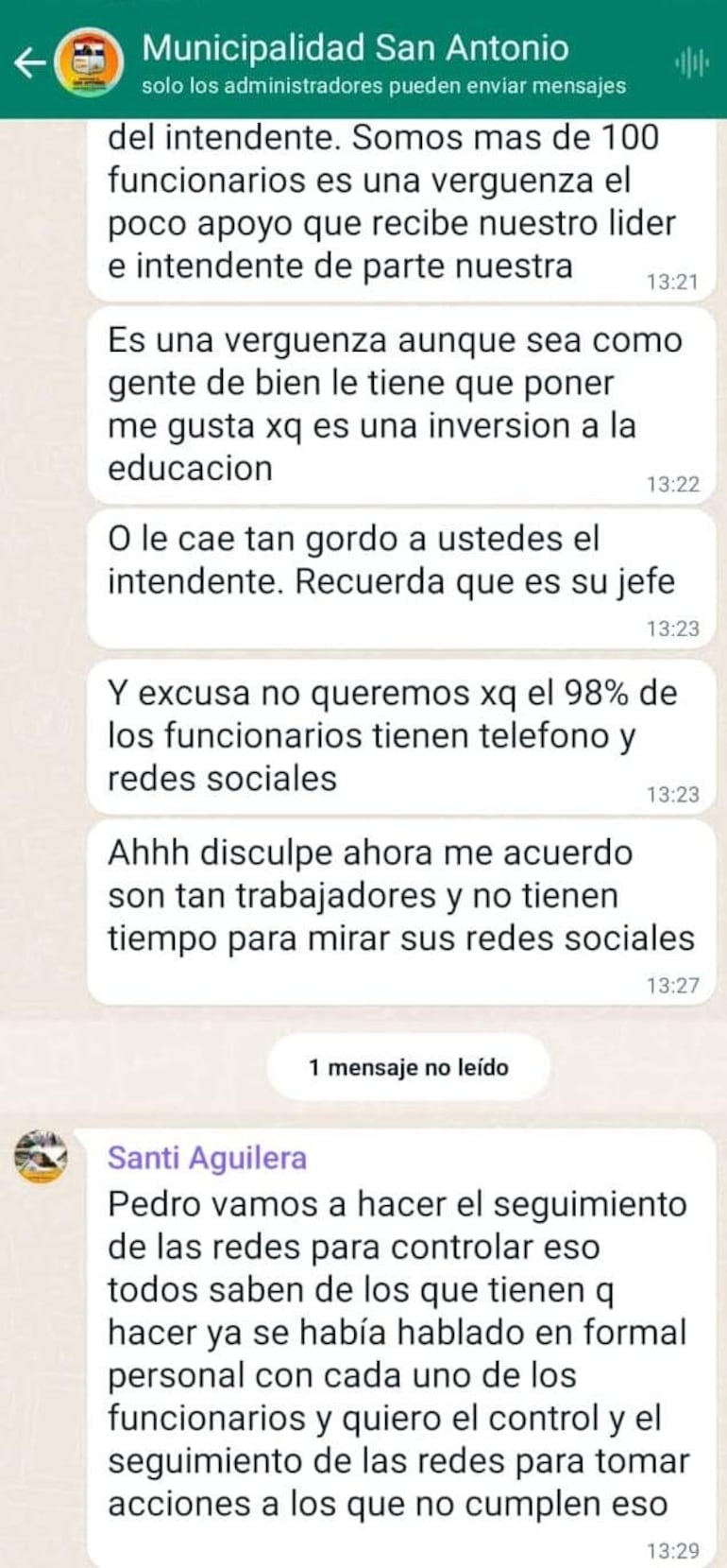 Los mensajes de advertencia a los funcionarios de la municipalidad de San Antonio.