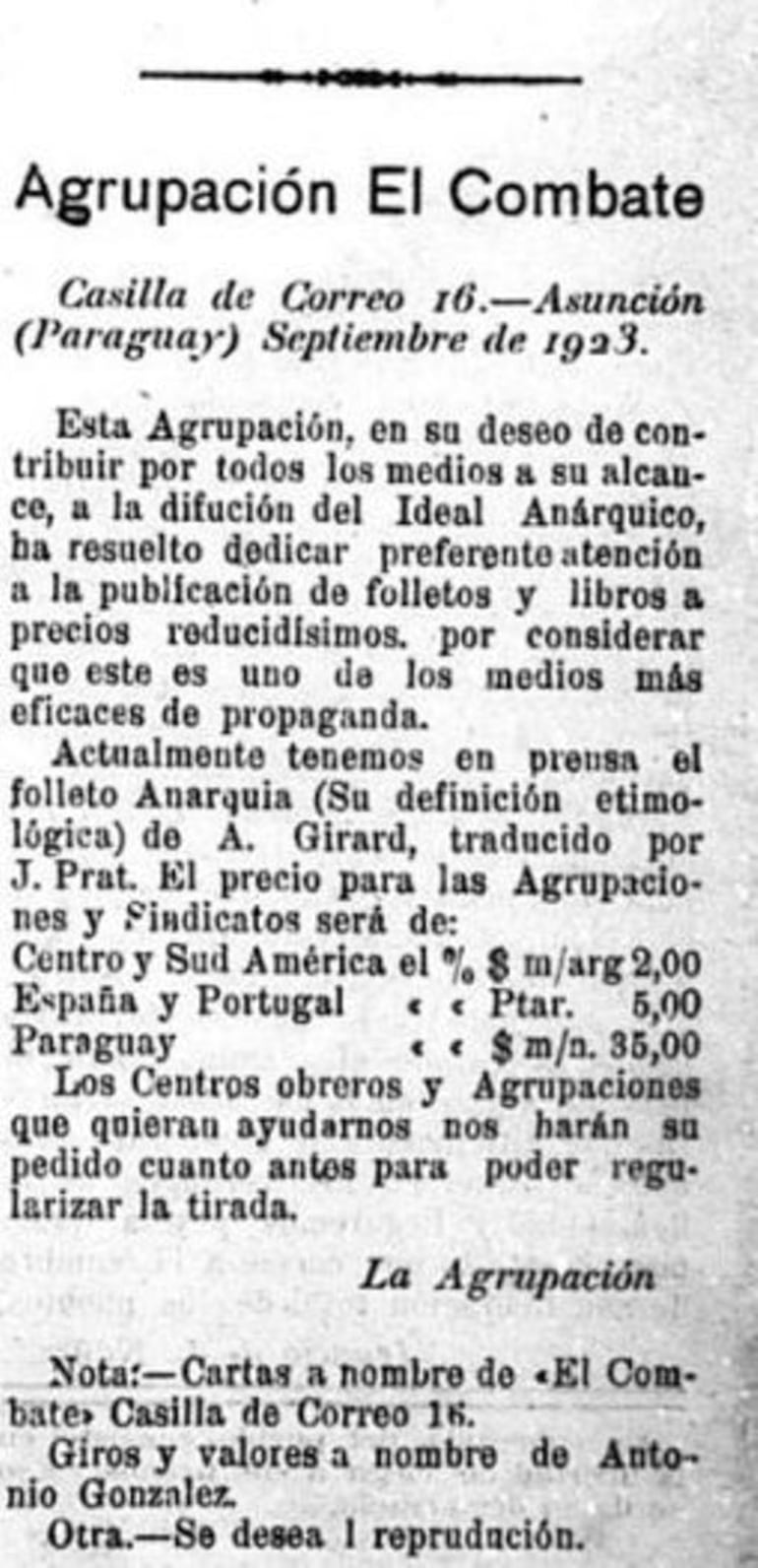 Agrupación El Combate, "Renovación", año III, No. 21, Asunción, septiembre 27 de 1923, s/p