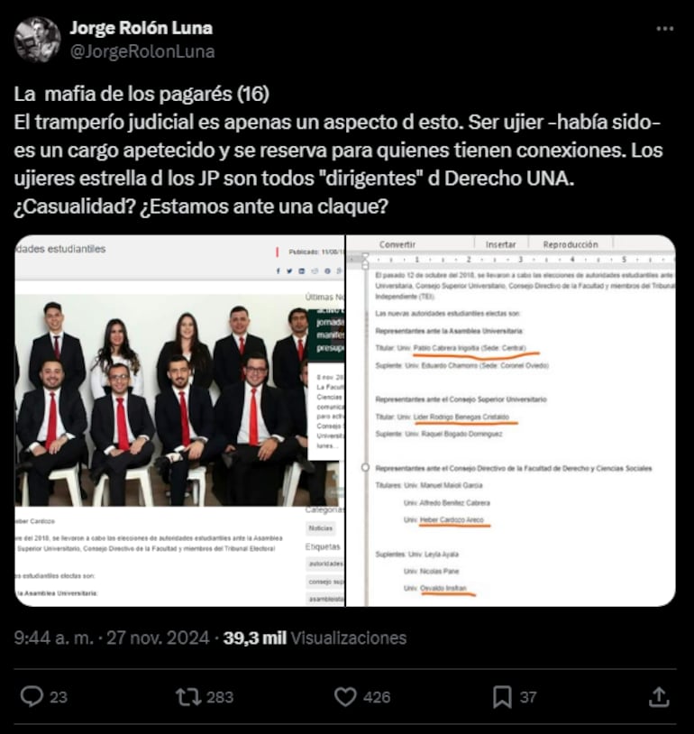 Tweet de Jorge Rolón Luna denunciando a los ujieres cuando se candidataron a cargos en Derecho UNA.