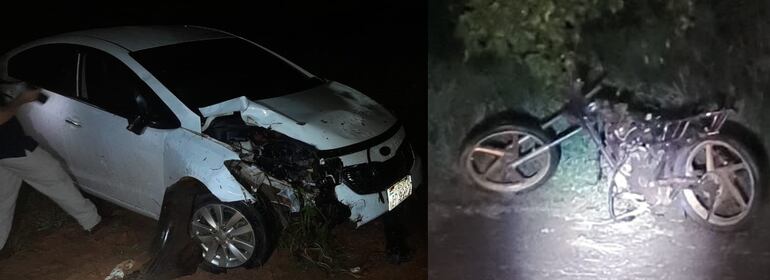 El automóvil y la motocicleta involucrados en el accidente fatal.