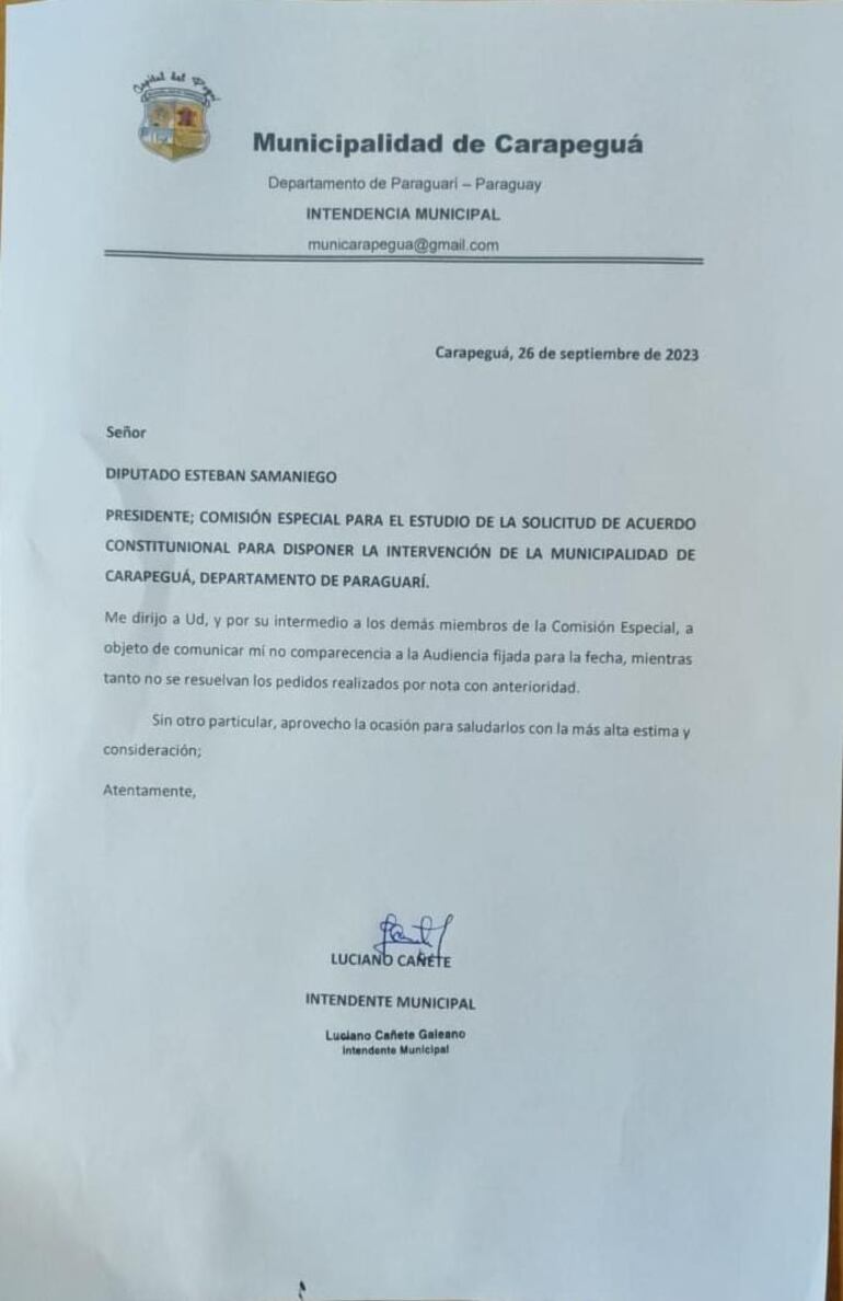 Nota del intendente de Carapeguá Luciano Cañete (ANR, HC) a Comisión Especial de Diputados