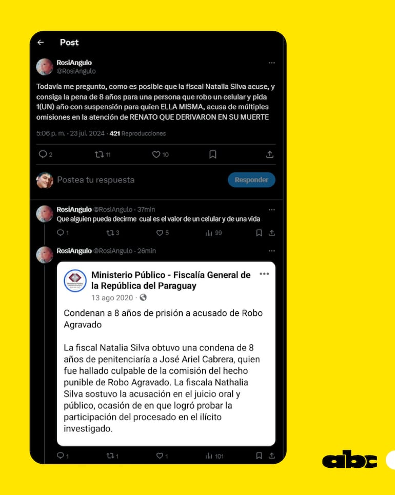 El escrito de la abuela de Renato en la plataforma X donde menciona a la fiscala Natalia Silva.