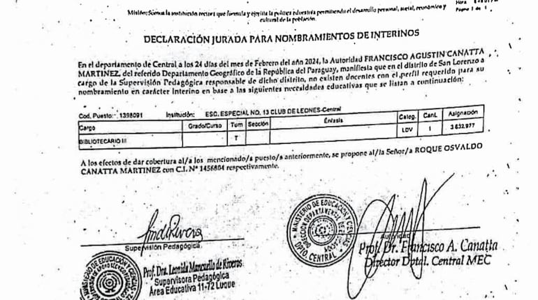 El pedido del director departamental de Central, Francisco Canatta, para colocar a su hermano, Roque Osvaldo Canatta, en una escuela de Luque.