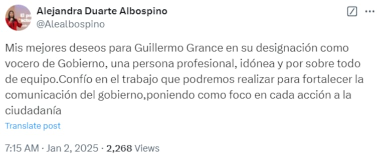 La publicación en X de la viceministra Alejandra Duarte Albospino.