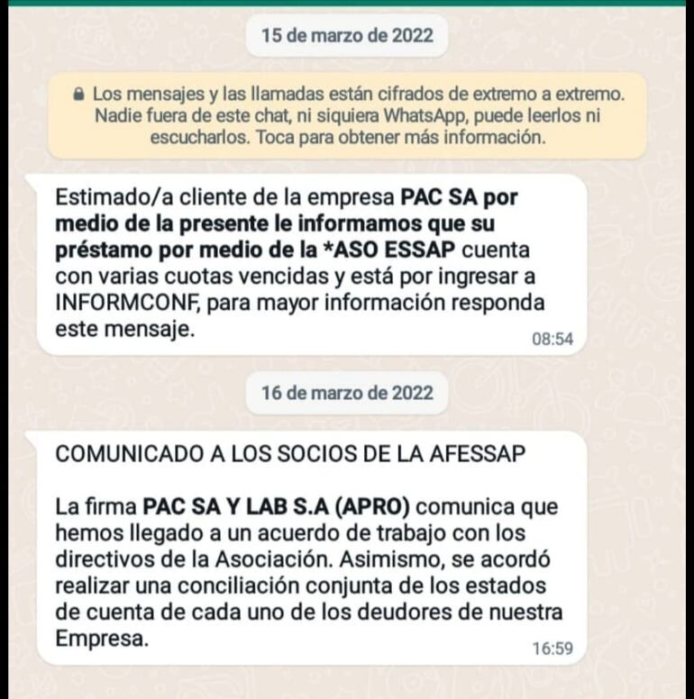 El titular de Afessap mostró los mensajes recibidos por PAC SA. En el último manifiestan acuerdo de conciliación. 