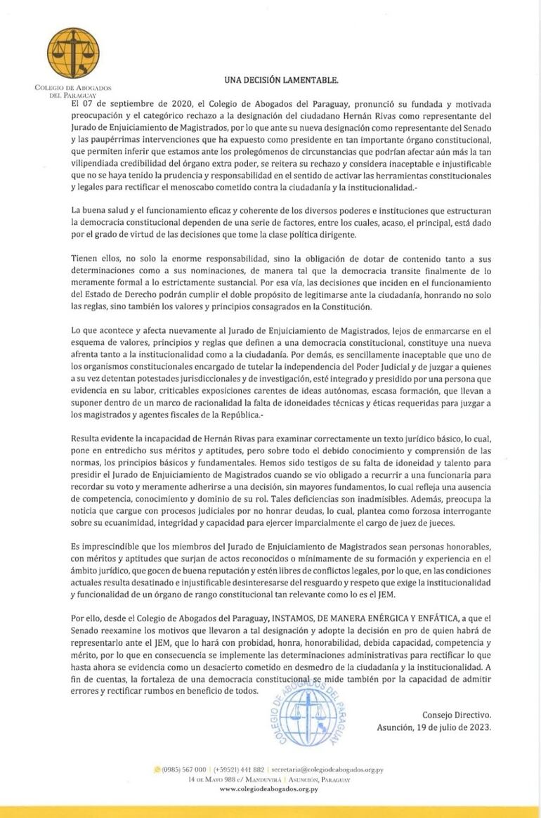 El comunicado del Colegio de Abogados del Paraguay