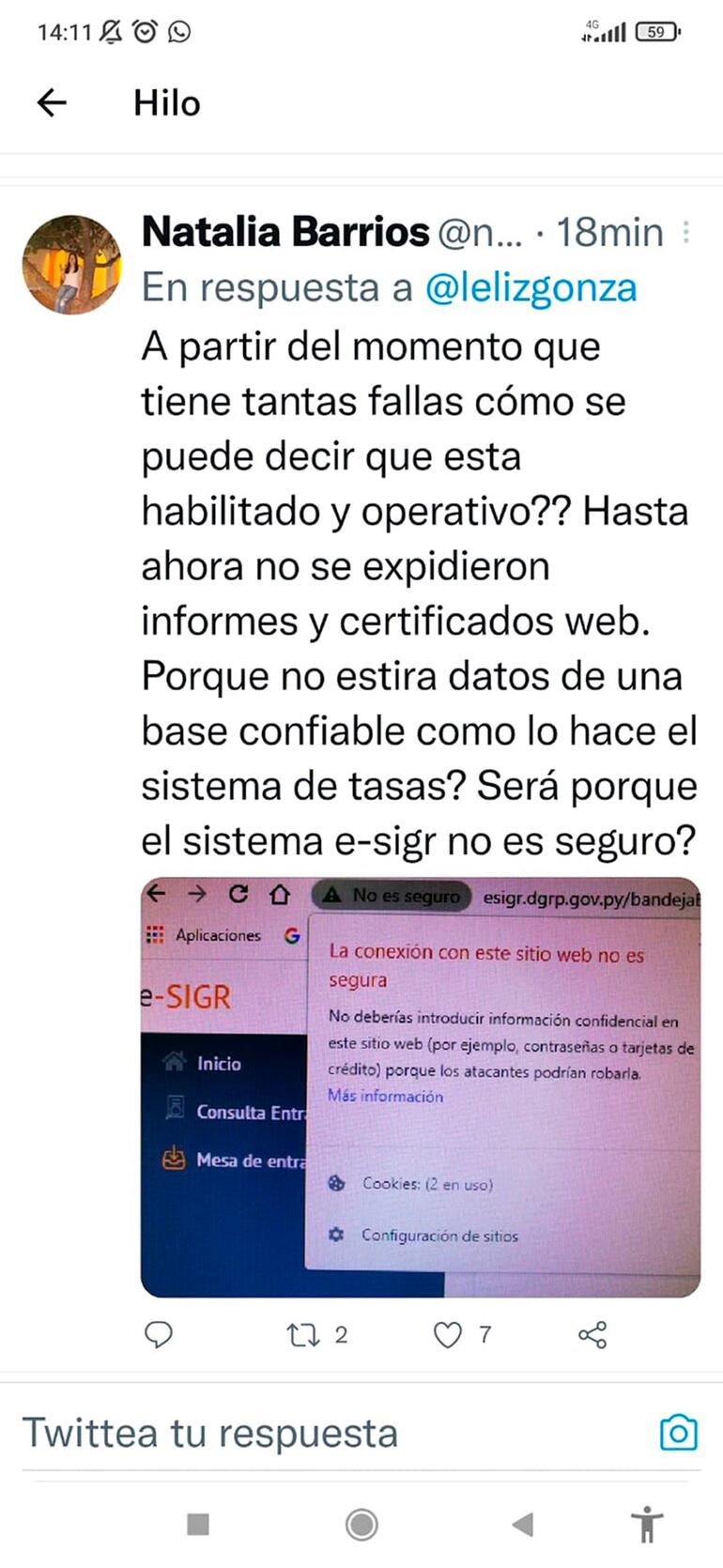 En respuesta al tuit de la titular de la DGRP, Lourdes González, esta usuaria expuso algunos de los inconvenientes detectados.