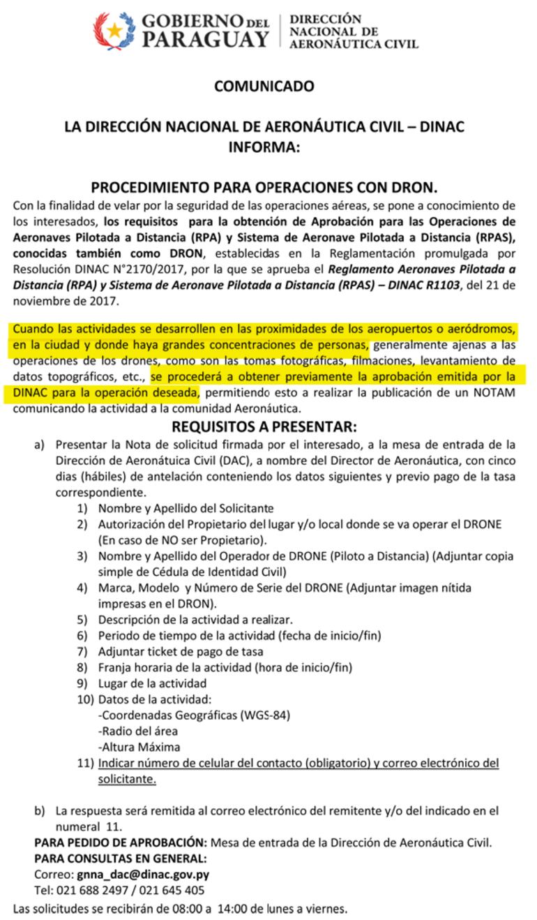 Resolución de Dinac sobre permisos para vuelos de drone.