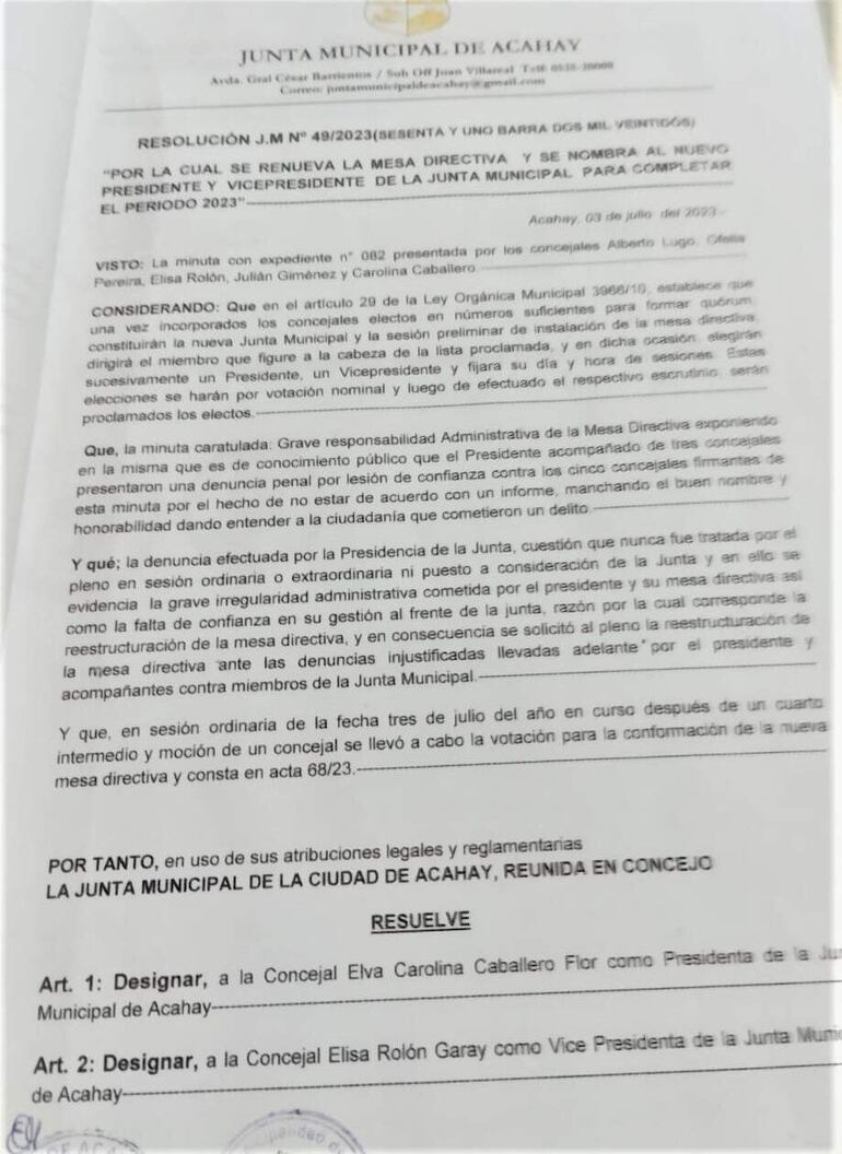 Resolución Municipal por la cual destituyeron al presidente y Vicepresidente de la Junta Municipal.