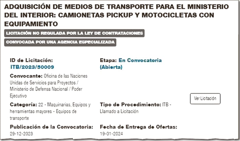 Llamado publicado en el portal de la DNCP, pero aparece como licitación no regulada por la ley de contrataciones.