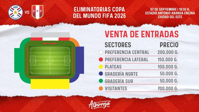 Los precios de las entradas para el debut de Paraguay en las Eliminatorias Sudamericanas a la Copa del Mundo 2026.