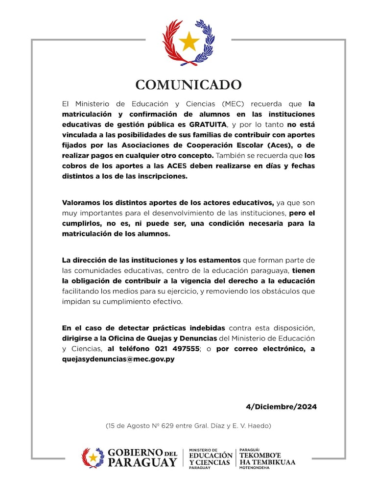 Comunicado del MEC sobre el cobro indebido de matriculaciones y de confirmación de alumnos.