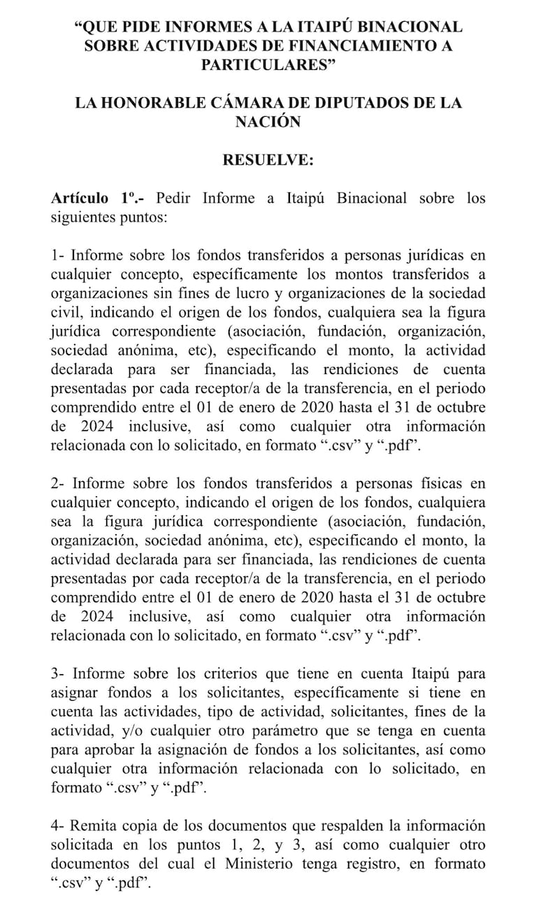 Proyecto de resolución en el que se pide informes a Itaipú sobre transferencias de fondos a particulares.