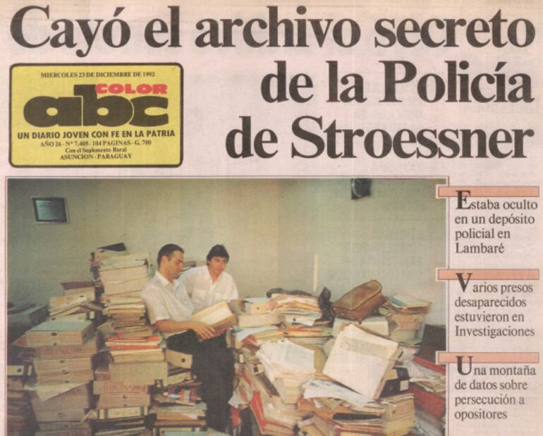 La tapa del diario ABC Color el 23 de diciembre del 1992; un día después del descubrimiento del Archivo del Terror.