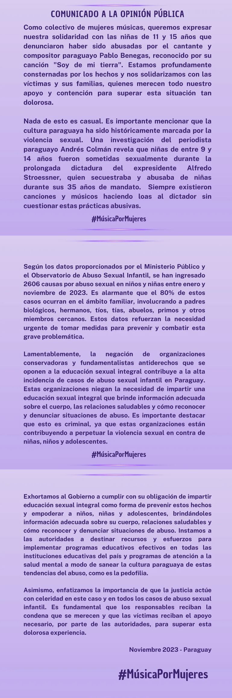 Comunicado de Música por Mujeres.