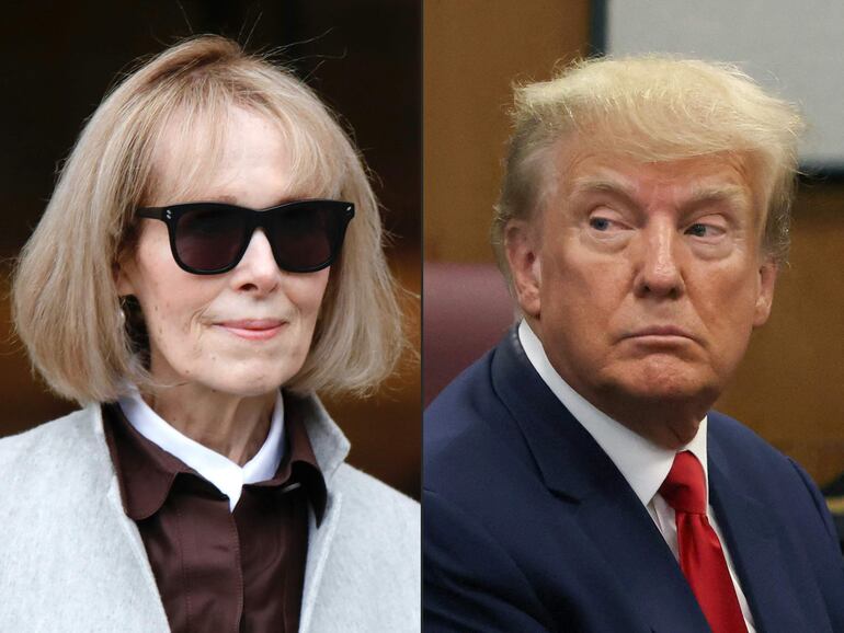 Esta combinación de imágenes creada el 09 de mayo de 2023 muestra a la escritora E. Jean Carroll y al expresidente estadounidense Donald Trump.