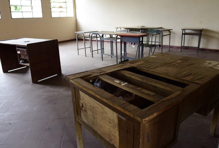Sin sillas y con un escritorio destruido está esta sala de clases en el Colegio Nacional Roberto L. Pettit de Asunción.