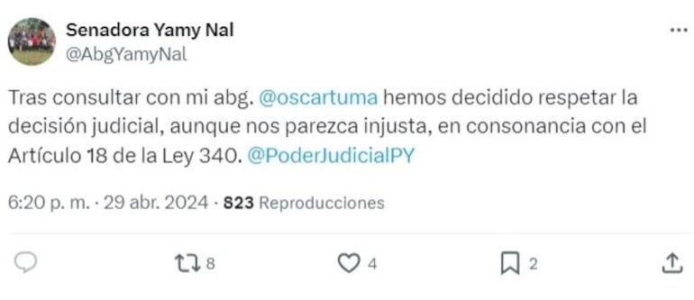 Yami Nal desbloquea a Alejandra Peralta de Merlo.