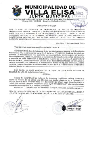 La Ordenanza N° 15/24 de la Junta Municipal de la localidad de Villa Elisa que exonera de multas a los contribuyentes morosos.