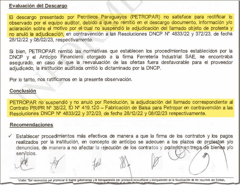 Informe de la Contraloría que se presentó en el Congreso y que reveló que Petropar no hizo caso a resoluciones de la DNCP.